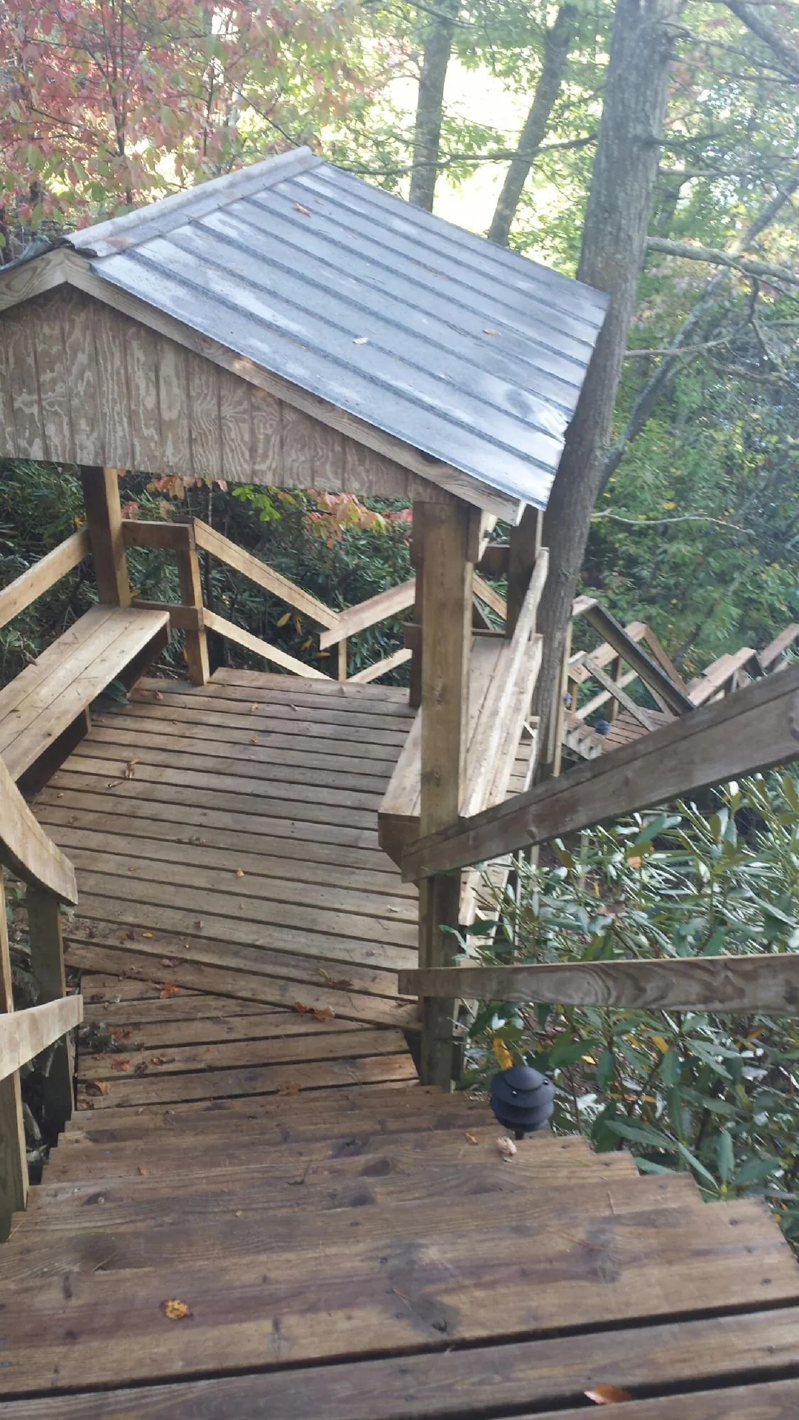 Metal roofed shelter over wooden steps on a wooded walkway — Skylight Repair & Installation work by our crew in Whitesburg